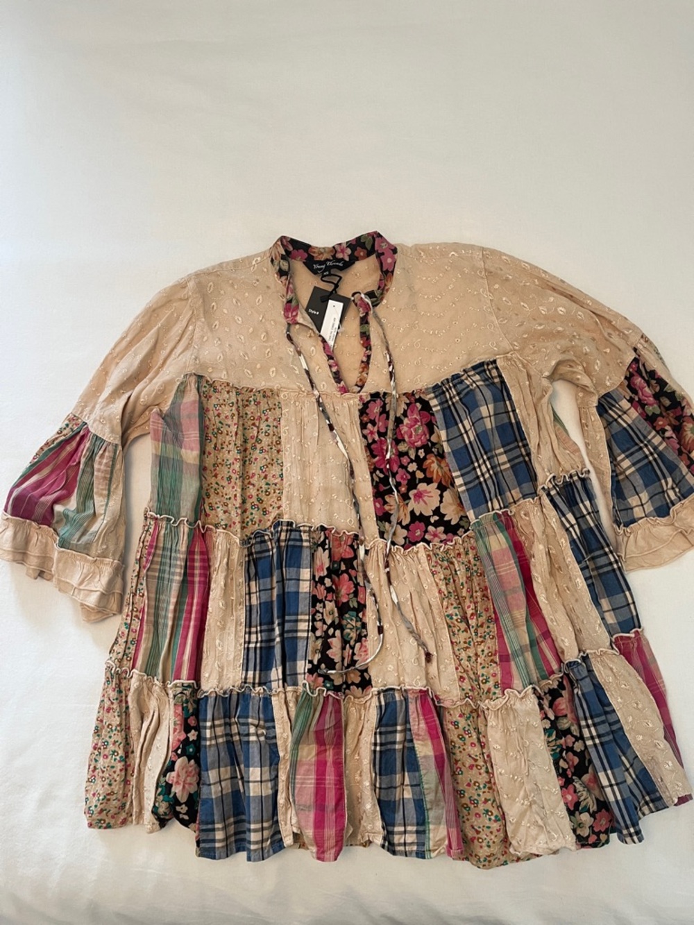 Boho Patchwork Tunic Top in Beige with Floral & Plaid Panels